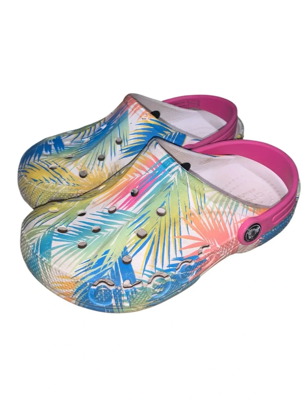 CROCS Kids Tropical Palm Print Clog Pink, Blue, Yellow Girls Size J2